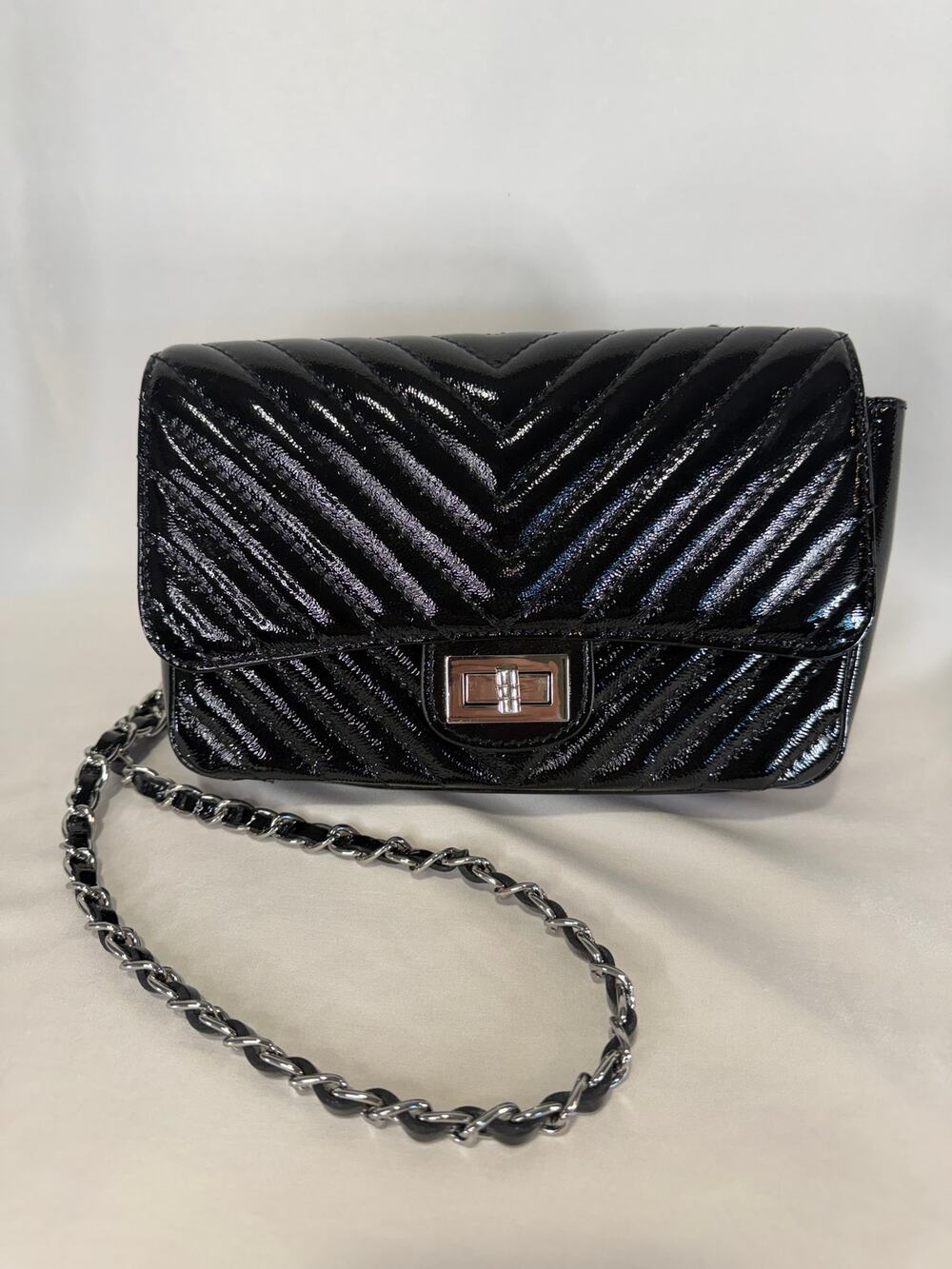 Sara Burglar Black Patent Quilted Chevron Chain Crossbody Shoulder Bag Purse